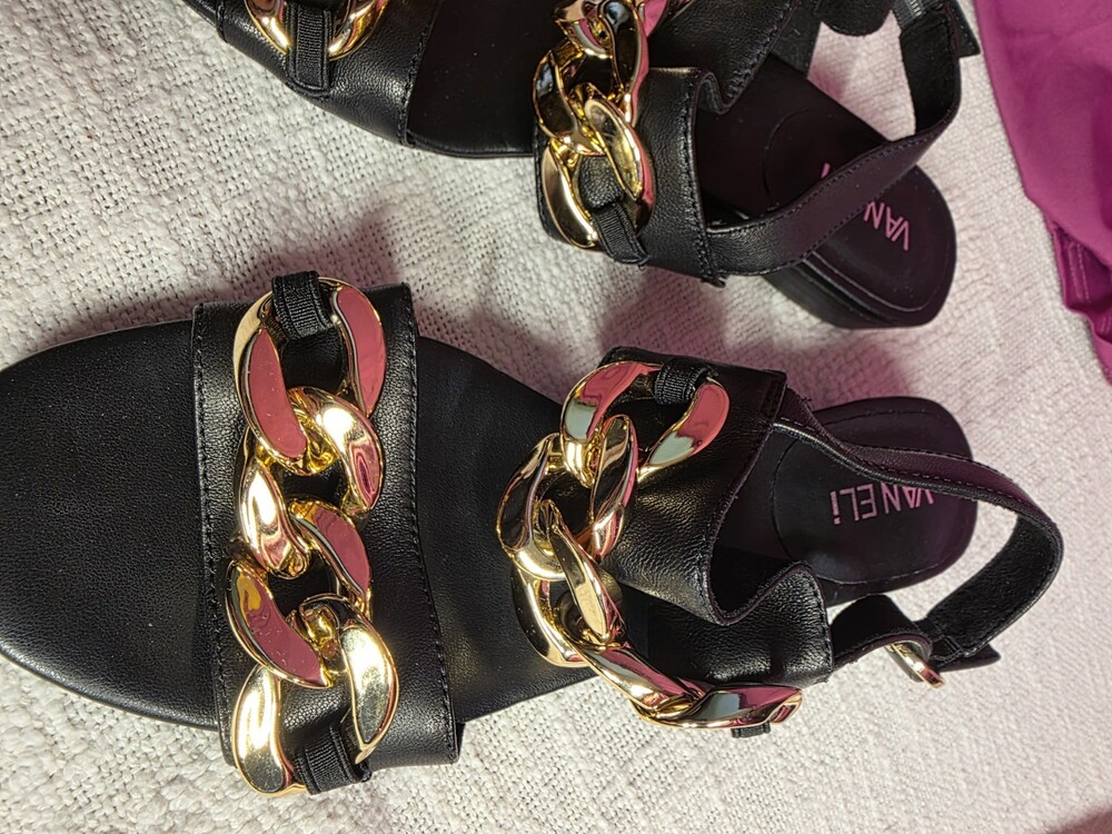 Vaneli Suma Black Nappa Leather Chunky Gold Chain Slingback Wedge Sandals Size 7